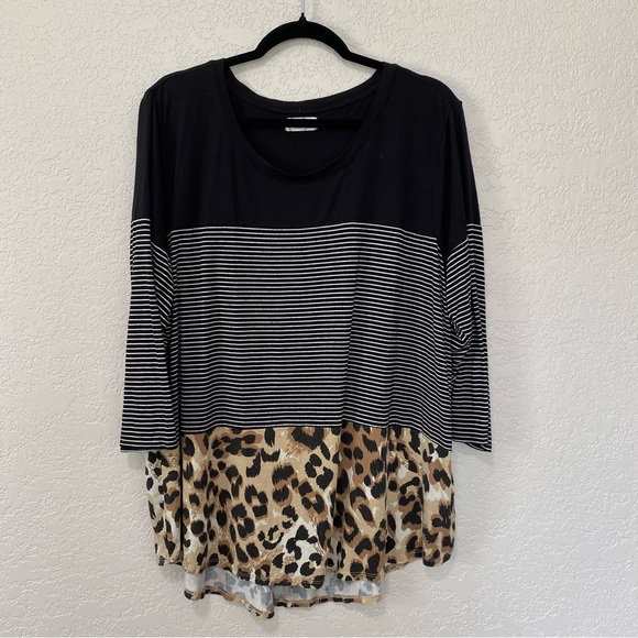 Maurices Tops - MAURICES 24/7 Women's Size 2 Black Striped Leopard Colorblock 3/4 Sleeves Top